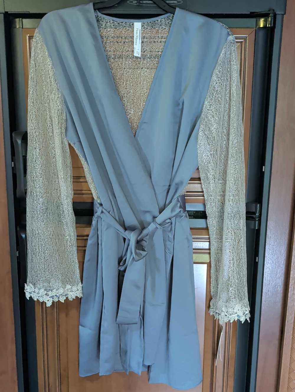 Flora Nikrooz Blue Robe with Sheer Lace Cream Sleeves